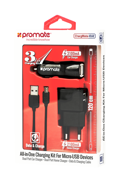 Promate Carkit - Geschikt voor Android Smartphone en Tablet - 3.1A - Autolader USB - Micro USB 1.2m - Adapter - Voor Thuis en Onderweg