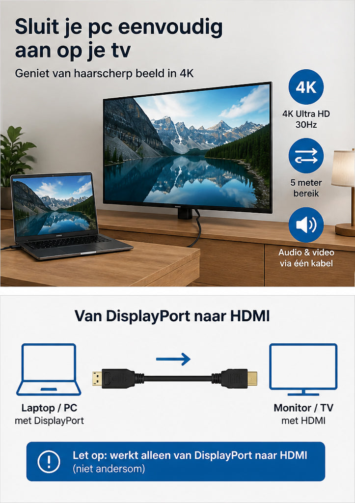 DisplayPort naar HDMI kabel 5 meter – 4K Ultra HD – verguld – audio/video – DP naar HDMI