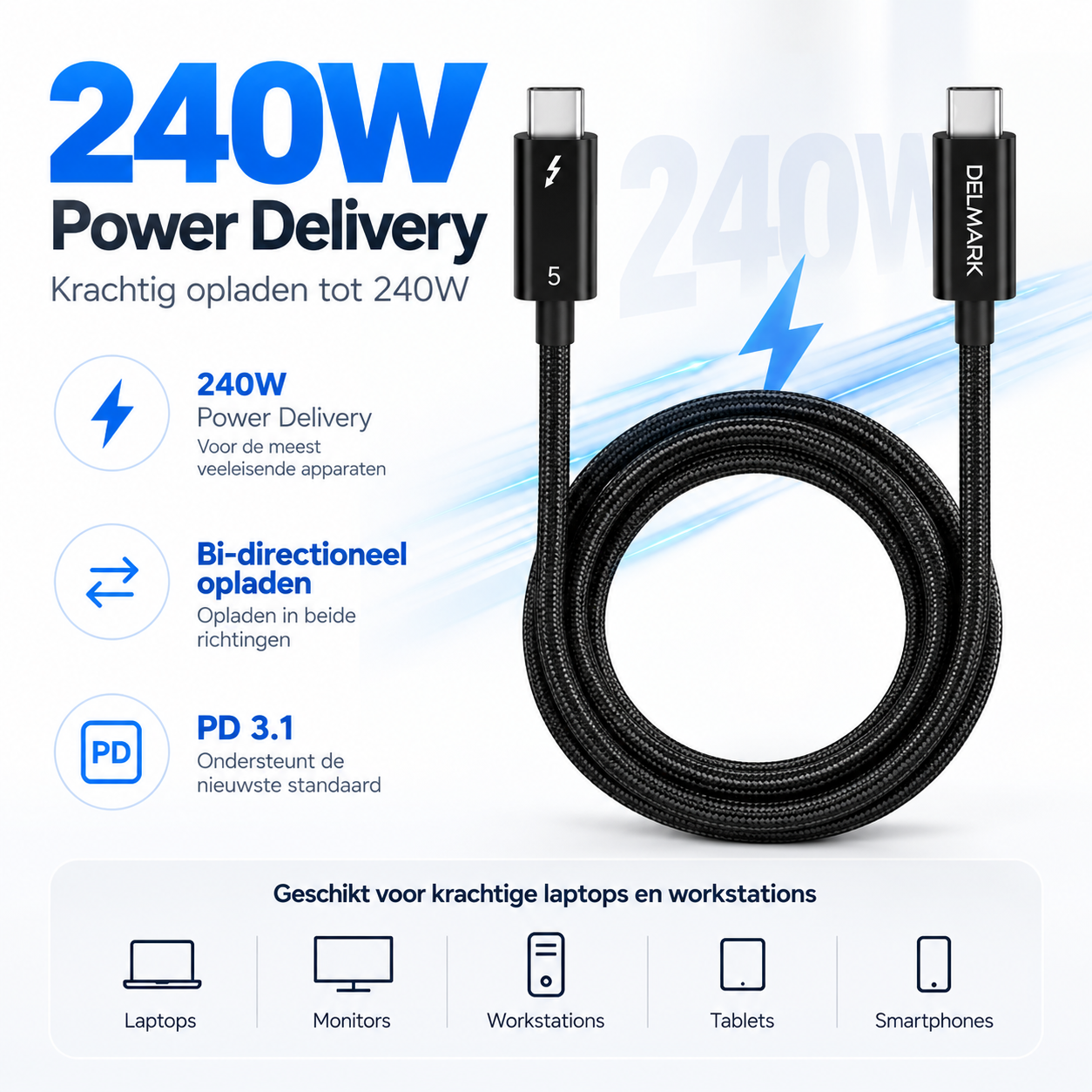 Delmark Thunderbolt 5 Kabel - 16K@60Hz - 80Gbps - 240W