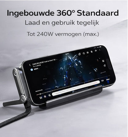 Delmark 240W USB-C naar USB-C Snellaadkabel 1,5 Meter – 5A PD Fast Charge – Gevlochten Kabel met 360° Telefoonstandaard