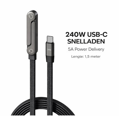 Delmark 240W USB-C naar USB-C Snellaadkabel 1,5 Meter – 5A PD Fast Charge – Gevlochten Kabel met 360° Telefoonstandaard