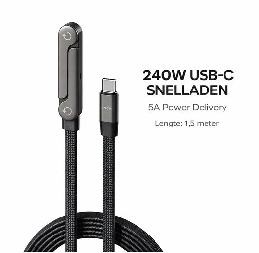 Delmark 240W USB-C naar USB-C Snellaadkabel 1,5 Meter – 5A PD Fast Charge – Gevlochten Kabel met 360° Telefoonstandaard