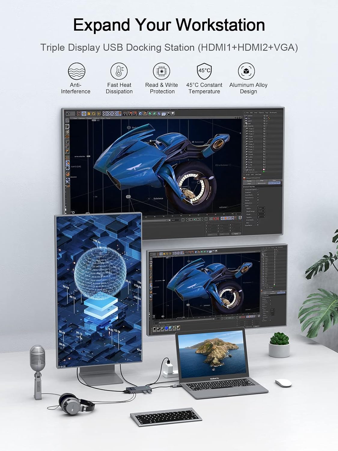 NÖRDIC Docking Station - USB-C, DisplayLink, HDMI, VGA, USB3.0, RJ45, SD/TF, 3,5mm AUX - Docking Station Laptop