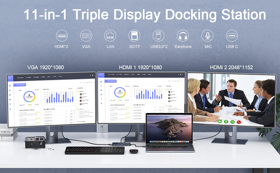 NÖRDIC Docking Station - USB-C, DisplayLink, HDMI, VGA, USB3.0, RJ45, SD/TF, 3,5mm AUX - Docking Station Laptop