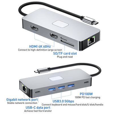 NÖRDIC Docking Station - USB C, 2xHDMI - 4K60Hz, 3xUSB3.0, 1xRJ45 - PD100W - SD, MicroSD - Suitable for Laptop, PC &amp; Chromebooks