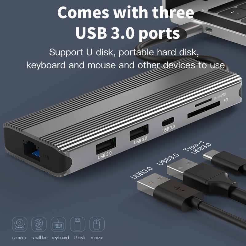 NÖRDIC 1 naar 10 USB-C Dockingstation - 8K/30Hz & 4K/60Hz - Dual HDMI - Gigabit LAN - USB-A & USB-C 3.1 - SD/MicroSD - 87W Power Delivery - Voor Windows & macOS