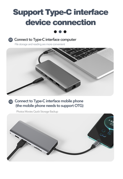 NÖRDIC 1 naar 10 USB-C Dockingstation - 8K/30Hz & 4K/60Hz - Dual HDMI - Gigabit LAN - USB-A & USB-C 3.1 - SD/MicroSD - 87W Power Delivery - Voor Windows & macOS