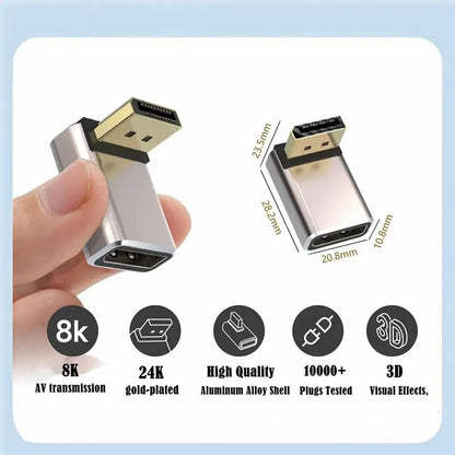 NÖRDIC Displayport Right Angle Adapter - Male to Female - 8K60Hz - Suitable for PC, Laptop &amp; Docking Station