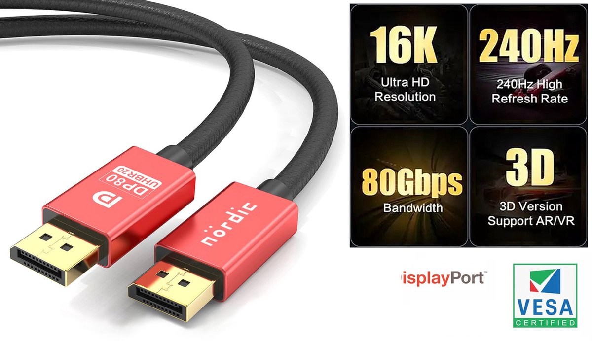 NÖRDIC DP-631 Displayport 2.1 Kabel - VESA-gecertificeerd - UHBR20 - 80Gbps - 16K60Hz - HDR - HDCP2.2 - 3m - Zwart/Rood