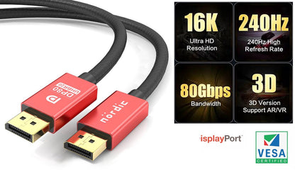 NÖRDIC DP-631 Displayport 2.1 Kabel - VESA-gecertificeerd - UHBR20 - 80Gbps - 16K60Hz - HDR - HDCP2.2 - 3m - Zwart/Rood