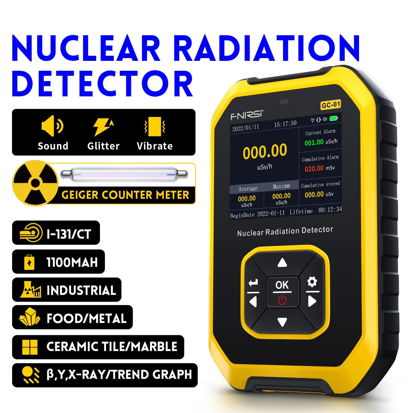FNIRSI Geiger Counter Nuclear Radiation Detector - Radiation Meter -Smart Alarm - Multifunction with LCD Display