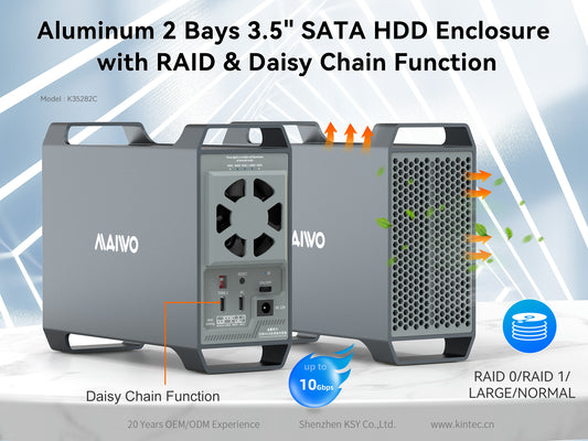 MAIWO Externe behuizing - USB C 3.1 - 2x 3,5" SATA HDD - Geschikt voor PC & Laptop - Windows & Linux