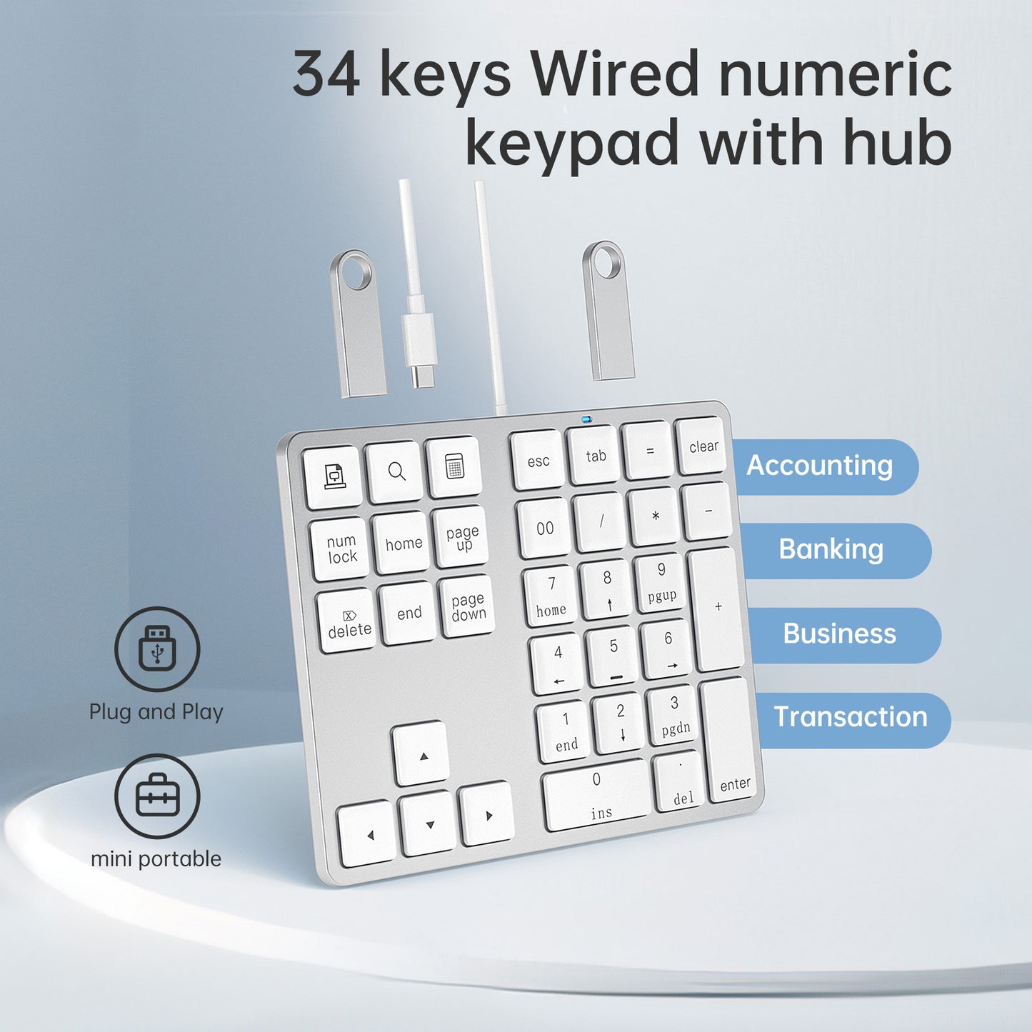 NÖRDIC Numeriek Toetsenbord USB-C – 34 Toetsen Numpad met 2x USB-A Hub & USB-C Poort