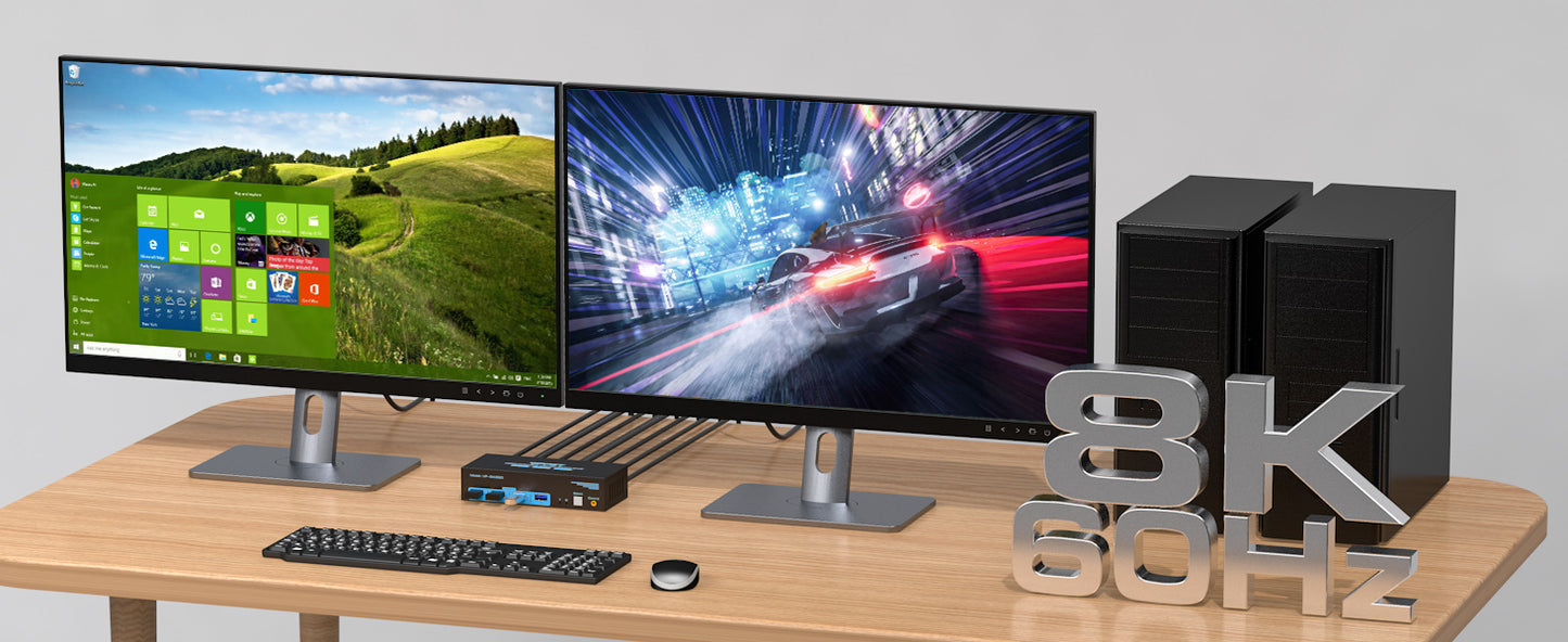 NÖRDIC KVM Switch - HDMI 2.1 - 8K60Hz/4K120Hz - 2 PC’s delen 4x USB-A 3.1 - 2 Externe Schermen