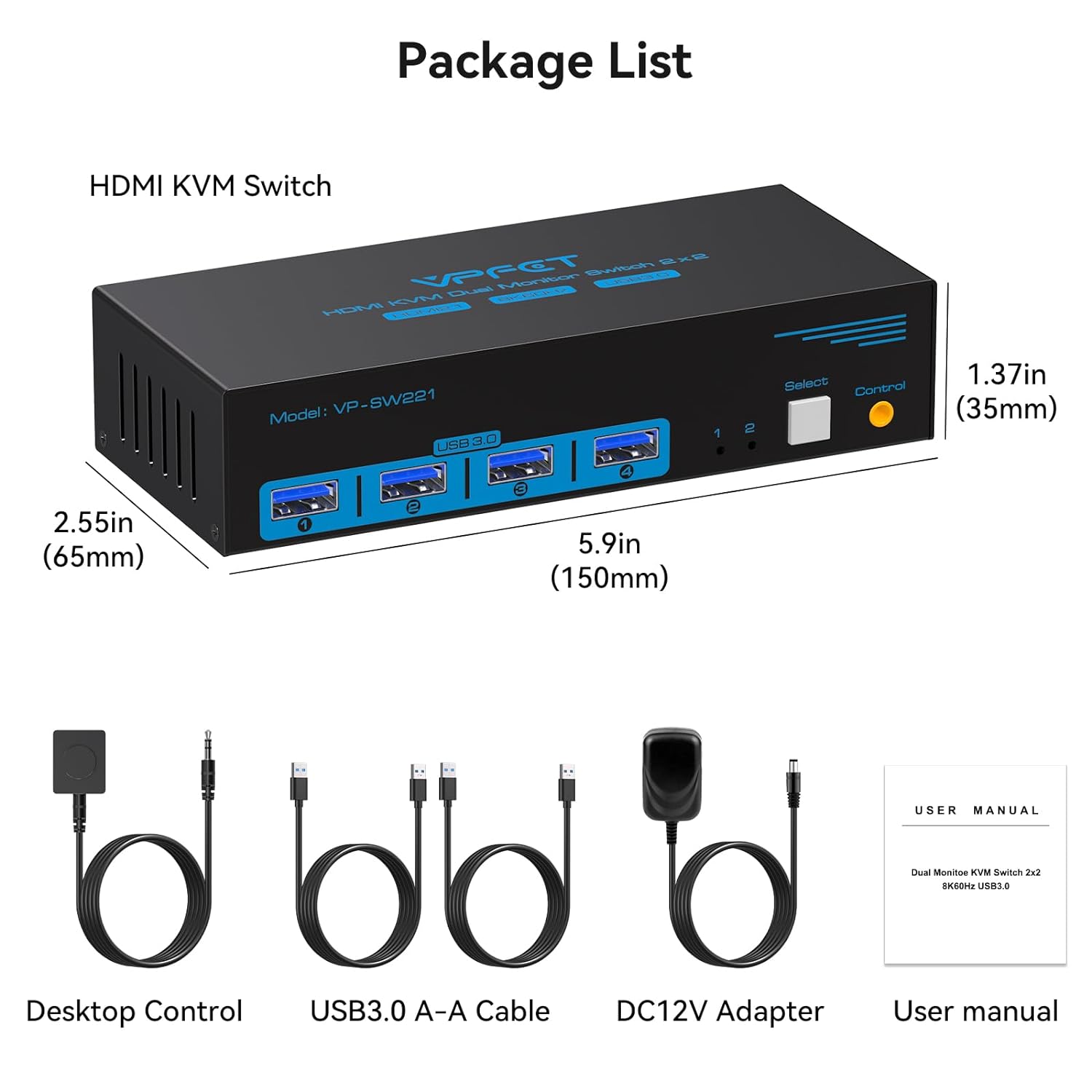 NÖRDIC KVM Switch - HDMI 2.1 - 8K60Hz/4K120Hz - 2 PC’s delen 4x USB-A 3.1 - 2 Externe Schermen