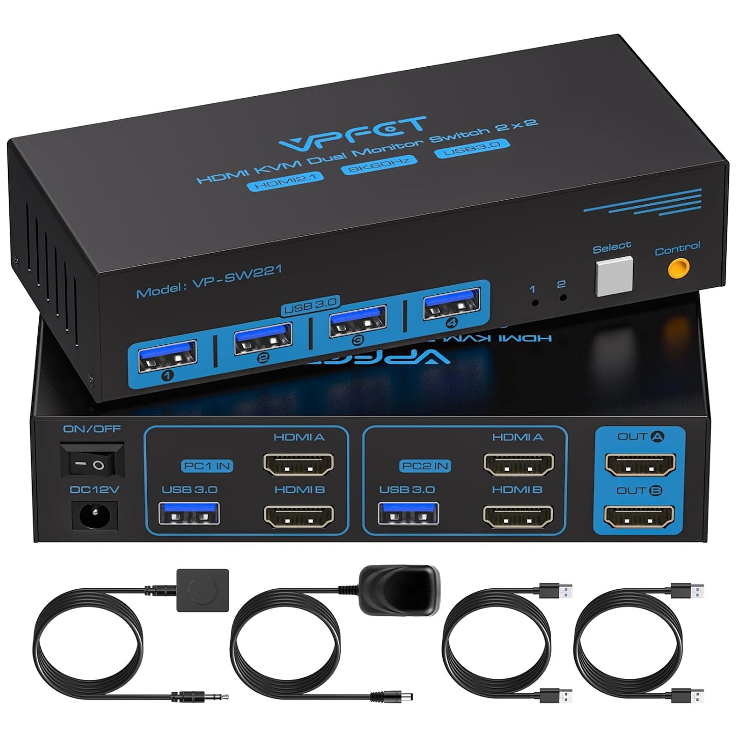 NÖRDIC KVM Switch - HDMI 2.1 - 8K60Hz/4K120Hz - 2 PC’s delen 4x USB-A 3.1 - 2 Externe Schermen