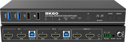 NÖRDIC KVM Switch 2x2 HDMI 8K60Hz - 4xUSB 3.0 - Ondersteuning voor UltraWide Scherm