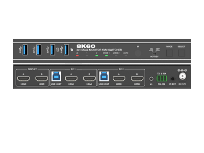 NÖRDIC KVM Switch 2x2 HDMI 8K60Hz - 4xUSB 3.0 - Ondersteuning voor UltraWide Scherm