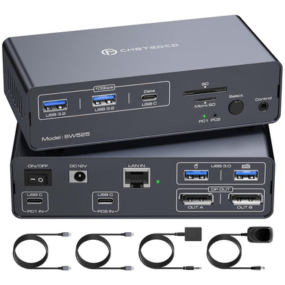NÖRDIC Docking Station - KVM Switch - Geschikt voor Laptop & PC - DisplayPort 4K@120Hz - Kaartlezer - USB A 3.2  & USB C