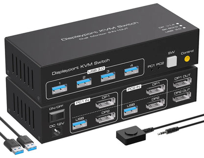 NÖRDIC KVM-152 KVM Switch - 2x2 DisplayPort1.4 - 8K60Hz 4K120Hz - 4xUSB-A 3.1 - 5Gbps