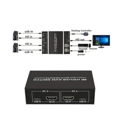 NÖRDIC KVM HDMI switch 2 in naar 1 uit - HDMI uit 4K60Hz, 3xUSB A 2.0 - 2xHDMI in - Zwart