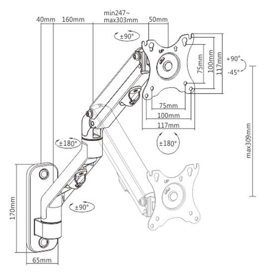 Gembird Verstelbare Muurbeugel - Draai- en Kantelbaar - 1 Scherm - 17 - 27 Inch - Tot 7 kg