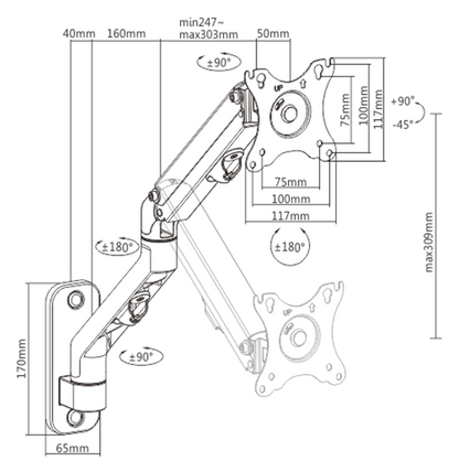 Gembird Verstelbare Muurbeugel - Draai- en Kantelbaar - 1 Scherm - 17 - 27 Inch - Tot 7 kg