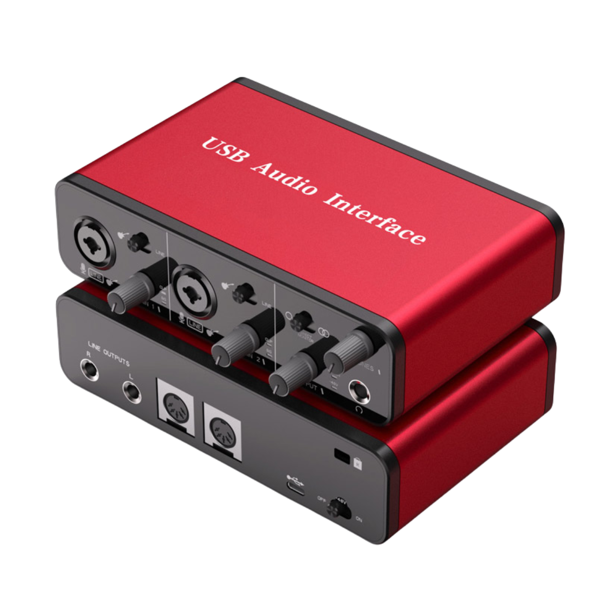 Delmark USB Audio Interface + MIDI - 2i2 - 2x microfoon of MIDI Instrument - 24bit - 192kHz - Rood
