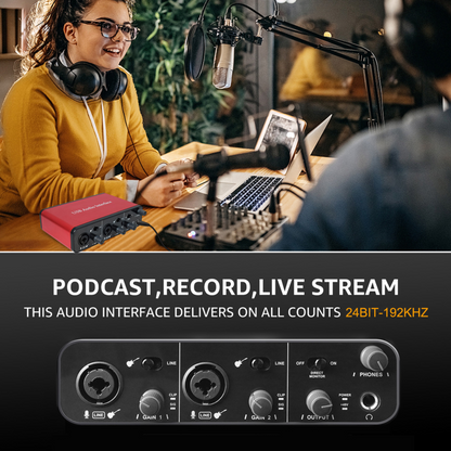 Delmark USB Audio Interface + MIDI - 2i2 - 2x microfoon of MIDI Instrument - 24bit - 192kHz - Rood