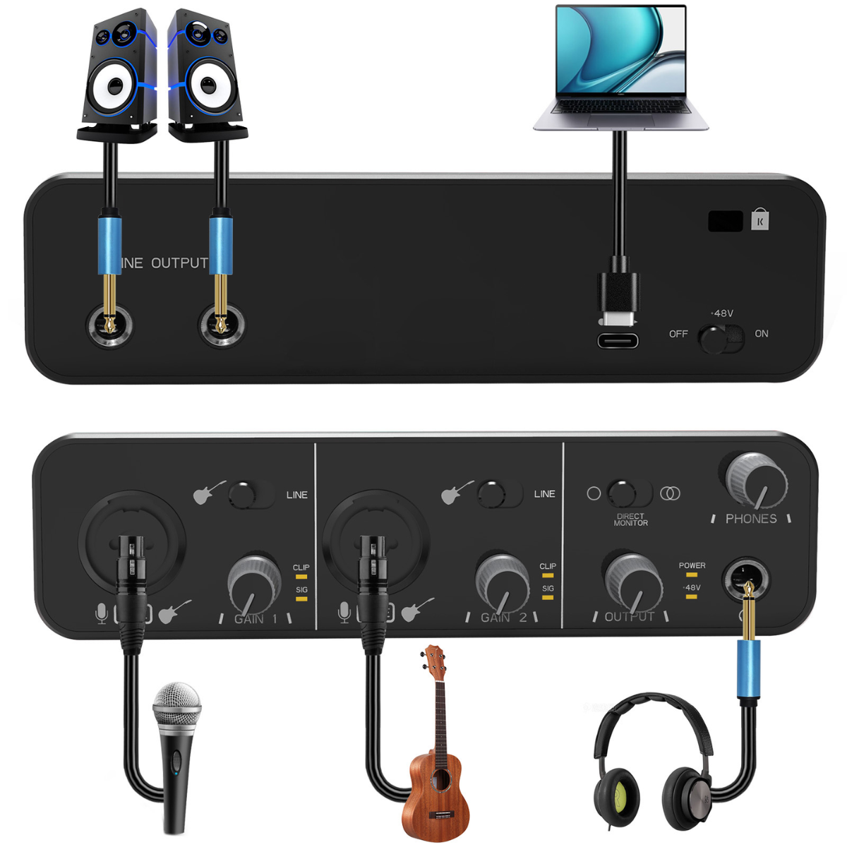 Delmark USB Audio Interface + MIDI - 2i2 - 2x microfoon of MIDI Instrument - 24bit - 192kHz - Rood