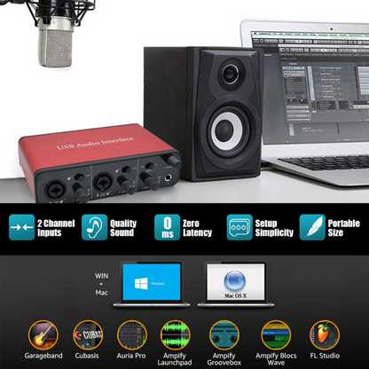 Delmark USB Audio Interface + MIDI - 2i2 - 2x microfoon of MIDI Instrument - 24bit - 192kHz - Rood