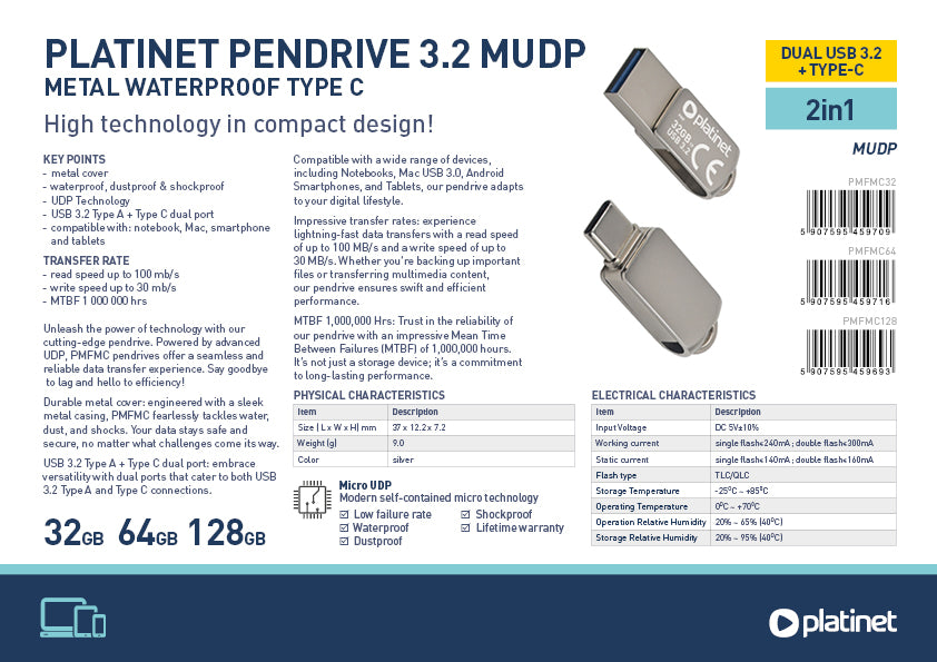 Platinet USB Stick - USB 3.2 - USB-C - Geschikt voor Smartphone, Notebook en Tablet - 32 GB