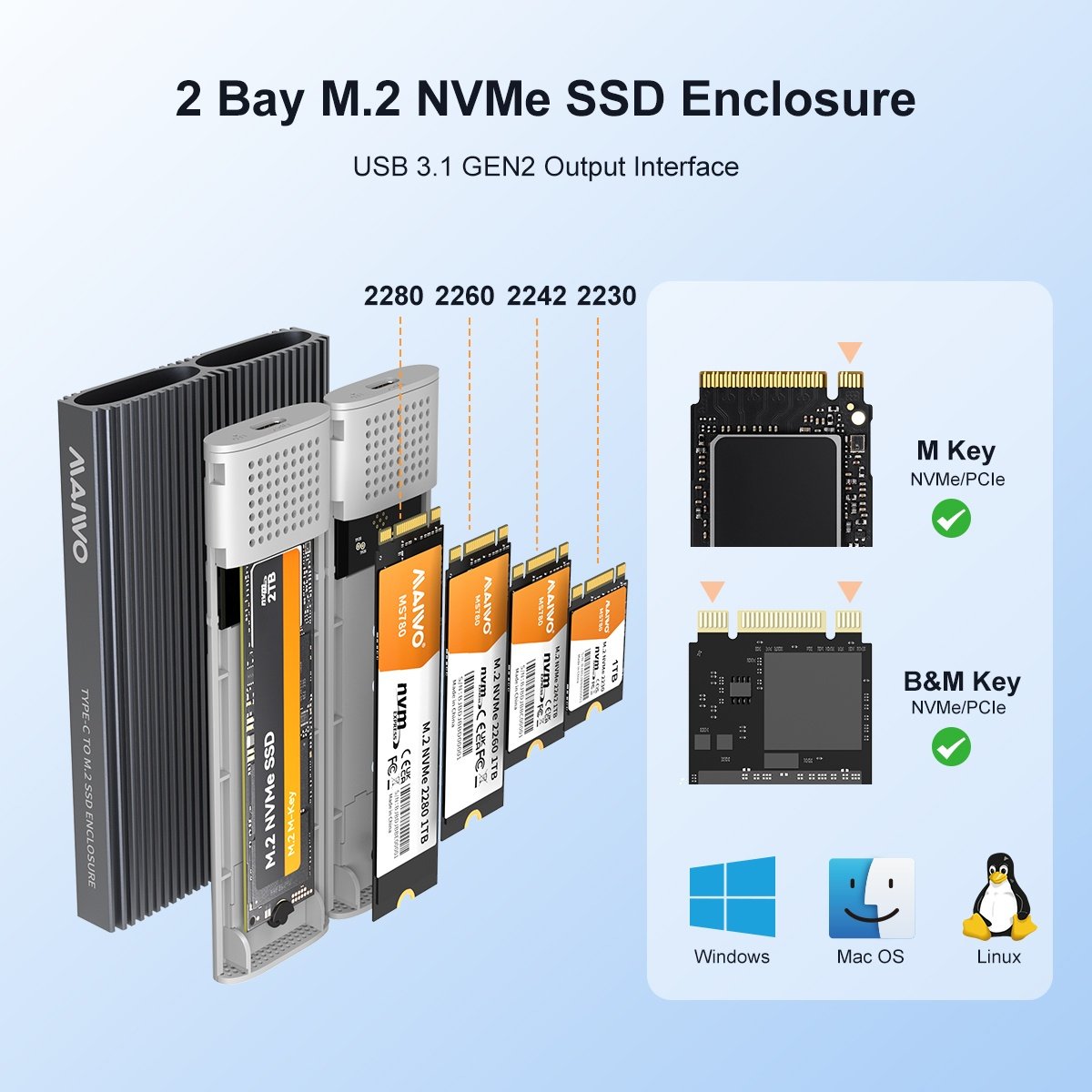 Maiwo Dual Disk NVMe SSD Enclosure USB-C 3.1 GEN2 - 10 Gbps