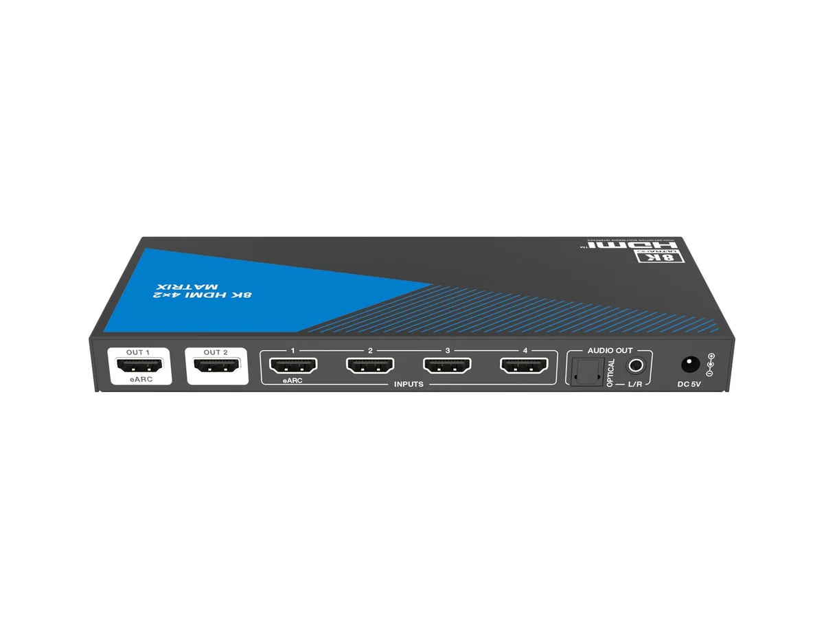 Nördic 8K HDMI 2.1 eARC/ARC Matrix Switch - 4 in 2  uit - Audio Extractor met Toslink & Stereo - HDMI CEC, Dolby Atmos, DTS-HD
