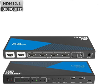 Nördic 8K HDMI 2.1 eARC/ARC Matrix Switch - 4 in 2  uit - Audio Extractor met Toslink & Stereo - HDMI CEC, Dolby Atmos, DTS-HD