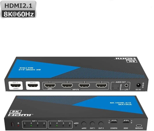 Nördic 8K HDMI 2.1 eARC/ARC Matrix Switch - 4 in 2  uit - Audio Extractor met Toslink & Stereo - HDMI CEC, Dolby Atmos, DTS-HD