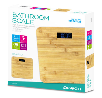 Omega OBSBB Personenweegschaal - 28x28cm - Weegschaal met LCD Scherm - Tot 180 kg - Bamboe