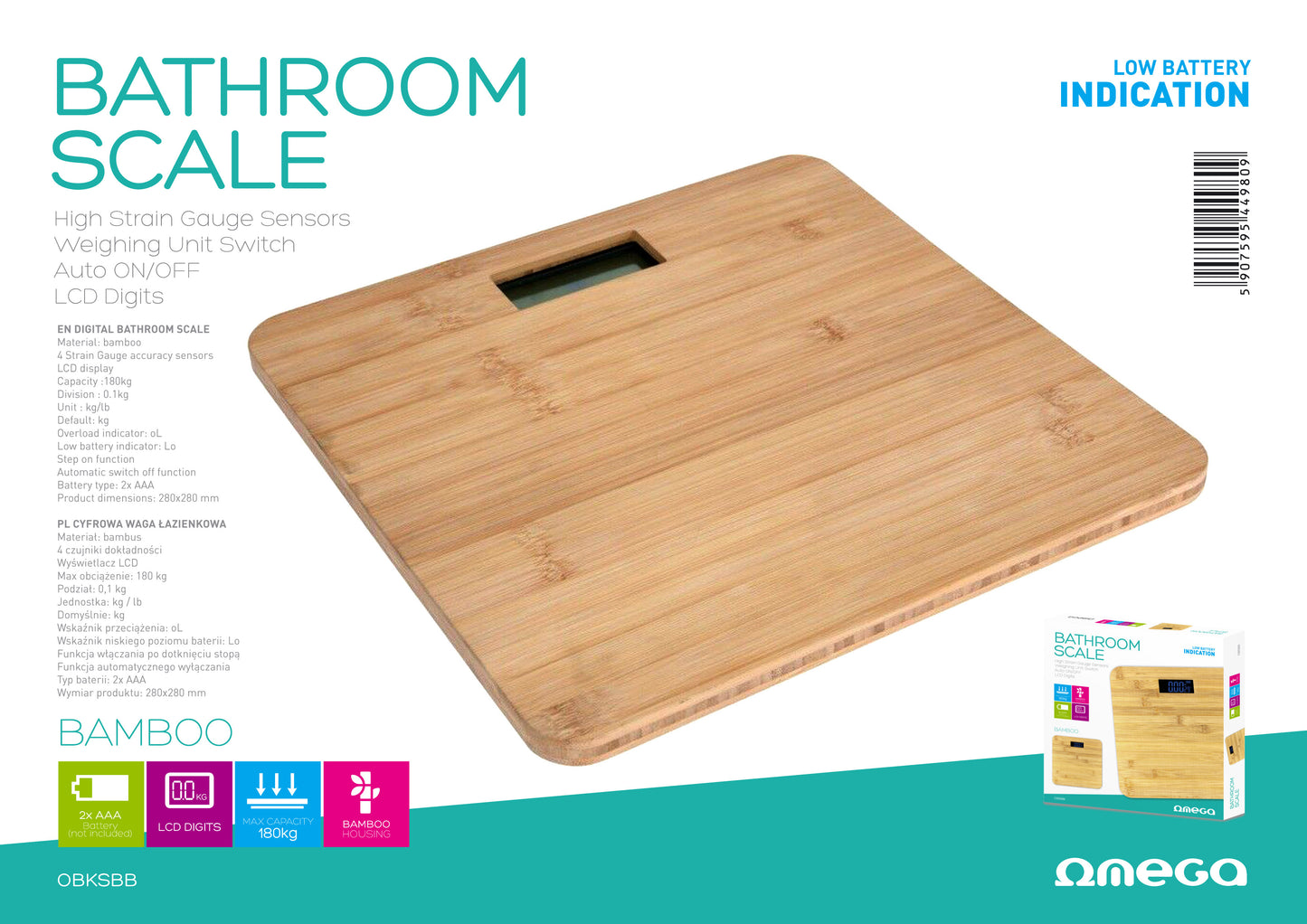 Omega OBSBB Personenweegschaal - 28x28cm - Weegschaal met LCD Scherm - Tot 180 kg - Bamboe