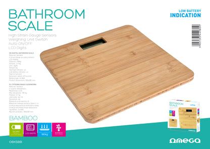 Omega OBSBB Personenweegschaal - 28x28cm - Weegschaal met LCD Scherm - Tot 180 kg - Bamboe