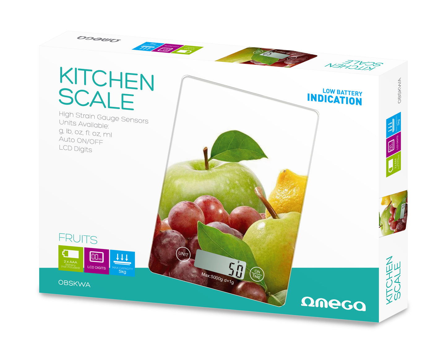 Omega Kitchen Scale - fruit -, 2x AAA (not included), max 5kg, accuracy: 1g, auto on/off