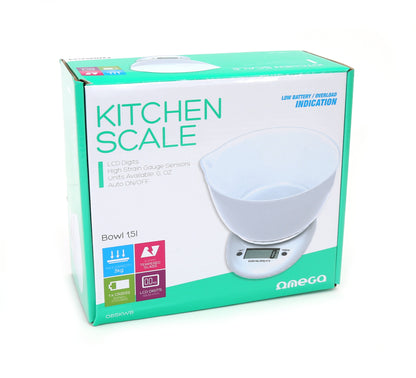 Omega kitchen scale with 1.5 liter bowl, max 3kg, accuracy 1g, 1x CR2032 (included) - white