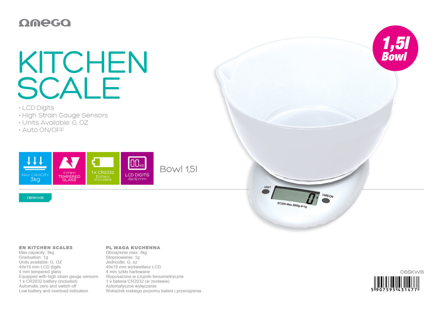 Omega kitchen scale with 1.5 liter bowl, max 3kg, accuracy 1g, 1x CR2032 (included) - white