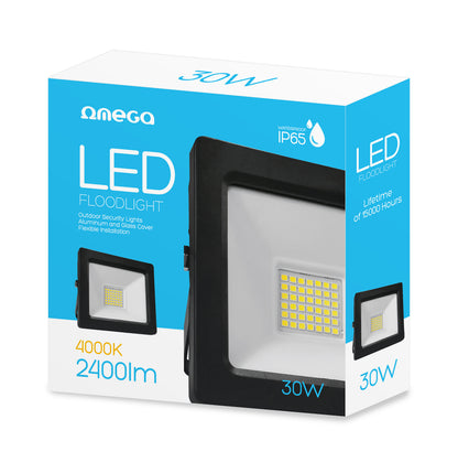 OMEGA LED Bouwlamp 30W Buiten – Floodlight 4000K Neutraal Wit – 2400 Lumen – Waterdicht – Schijnwerper LED 220-240V