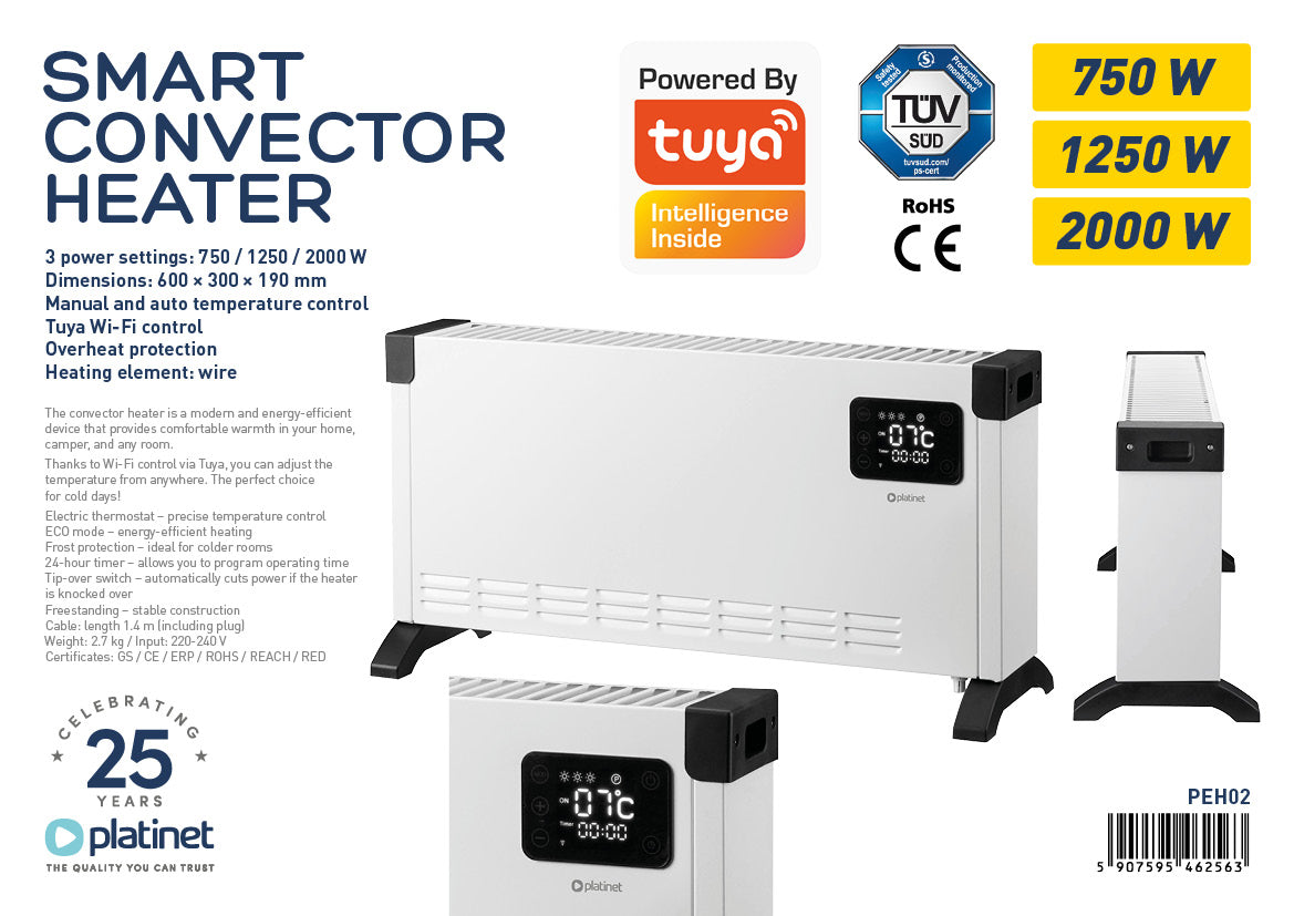 Platinet Elektrische Convectorkachel Smart 2000W – Wi-Fi Tuya – Display – Wit