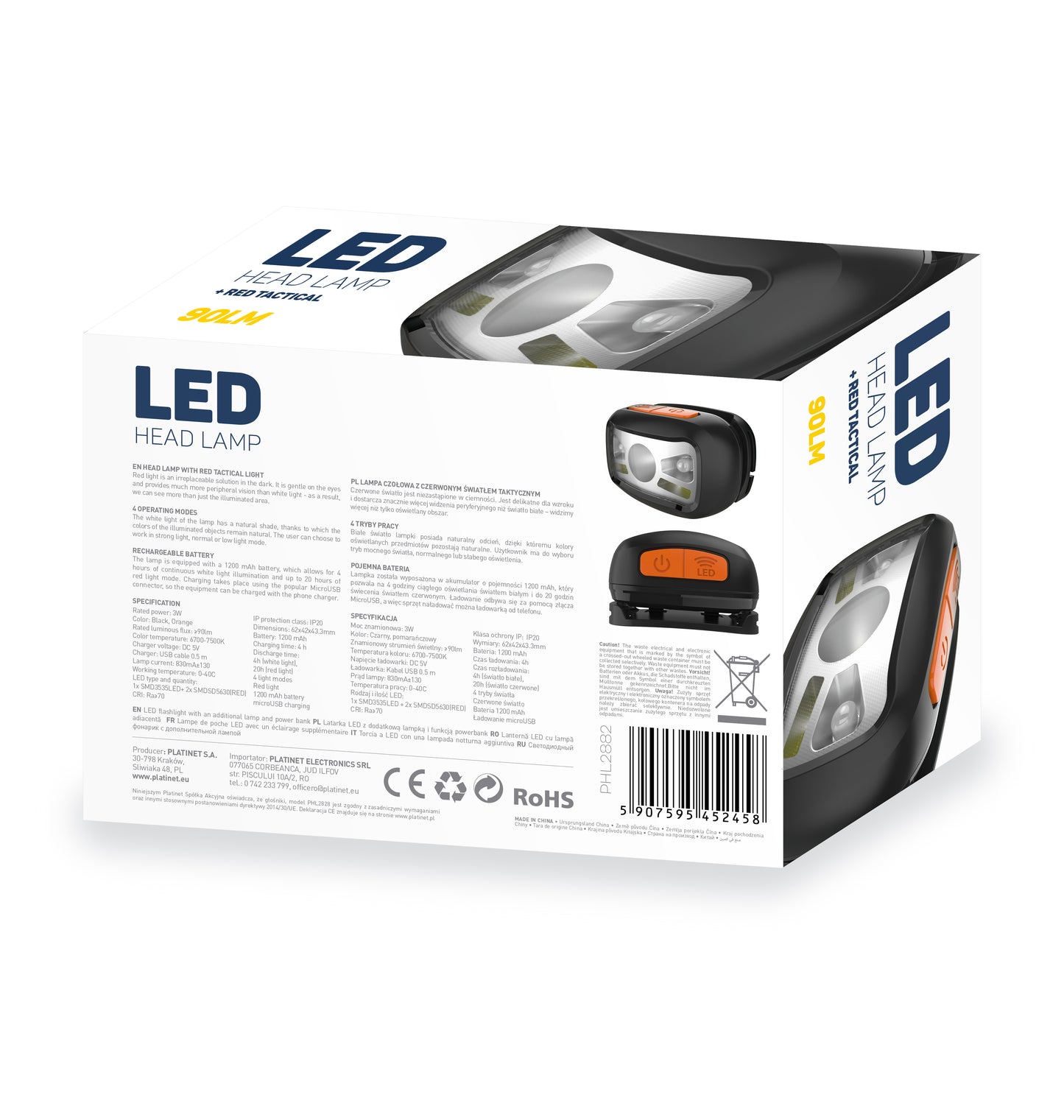 Platinet PHL2882 LED Hoofdlamp - 1200 mAh - Oplaadbaar - Kamperen en Outdoor - 270lm