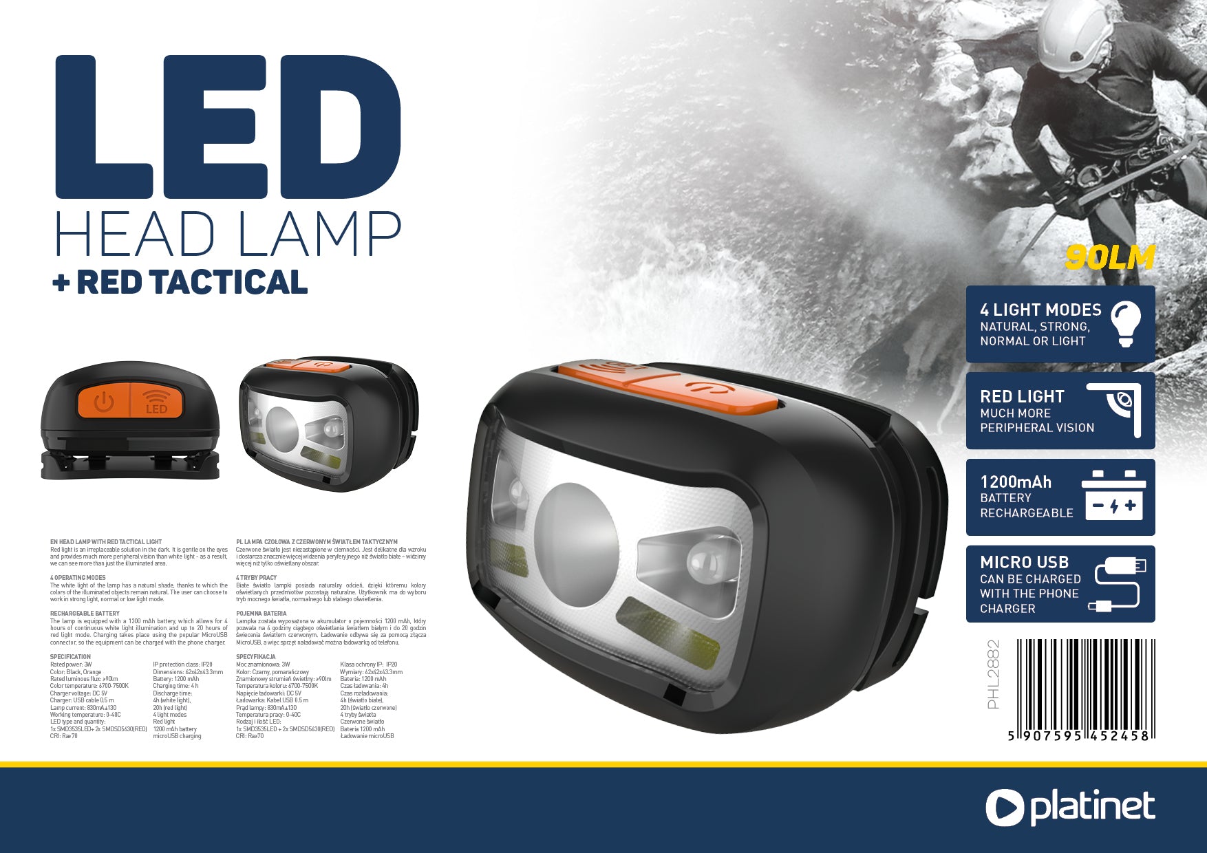 Platinet PHL2882 LED Hoofdlamp - 1200 mAh - Oplaadbaar - Kamperen en Outdoor - 270lm