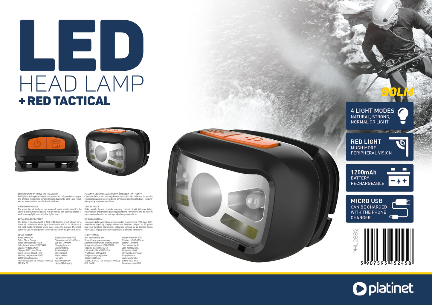 Platinet PHL2882 LED Hoofdlamp - 1200 mAh - Oplaadbaar - Kamperen en Outdoor - 270lm