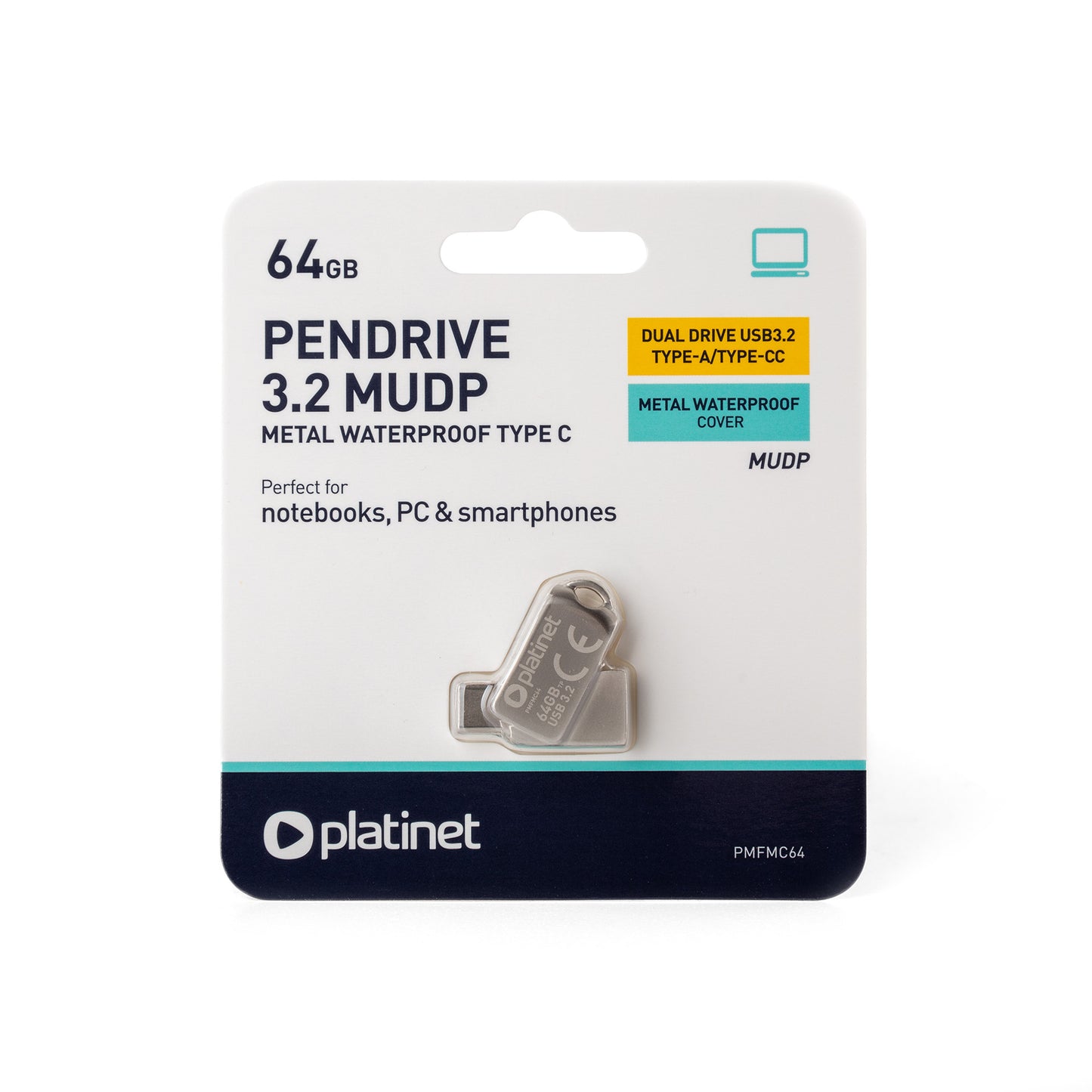 Platinet USB Stick 2-in-1 64GB – USB-A 3.2 + USB-C – Metalen Behuizing – Waterdicht & Schokbestendig