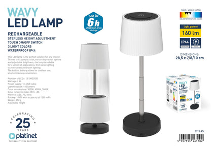 Platinet LED Tafellamp – 3 Lichtkleuren – Verstelbare Hoogte – USB Oplaadbaar – Wit