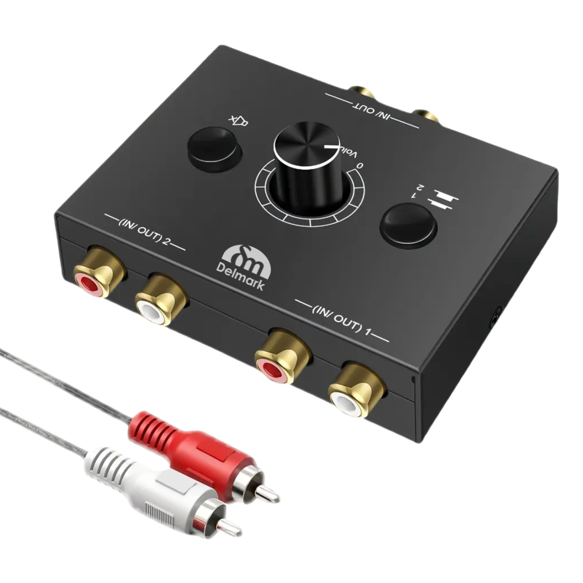 Delmark RCA Stereo Audio Schakelaar - Bi-directionele 2-in-1 R/L Audio Switcher met Mute Knop - 1 naar 2 of 2 naar 1 - Splitter en Switch